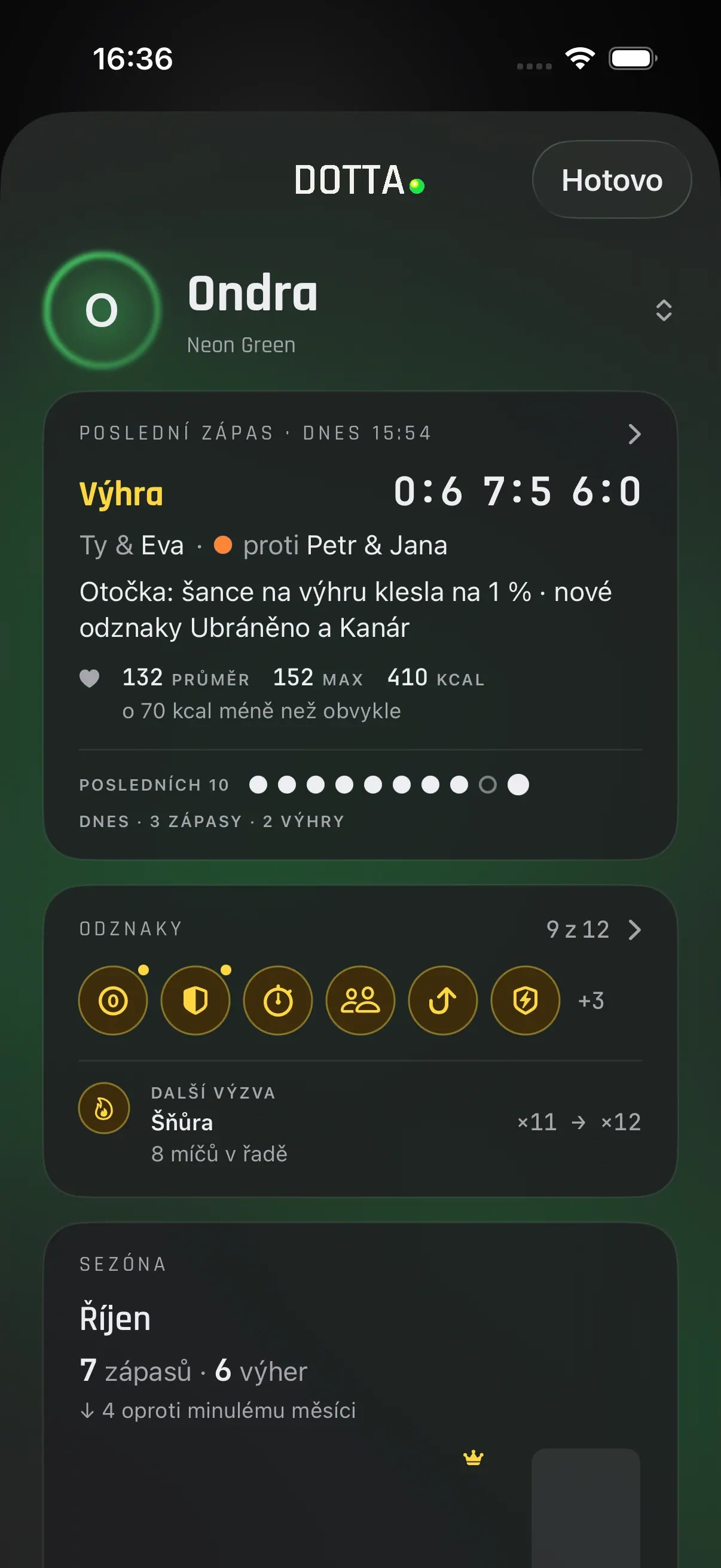 Snímek aplikace DOTTA: karta zdraví ve hře (tep, kalorie, kroky) v profilu