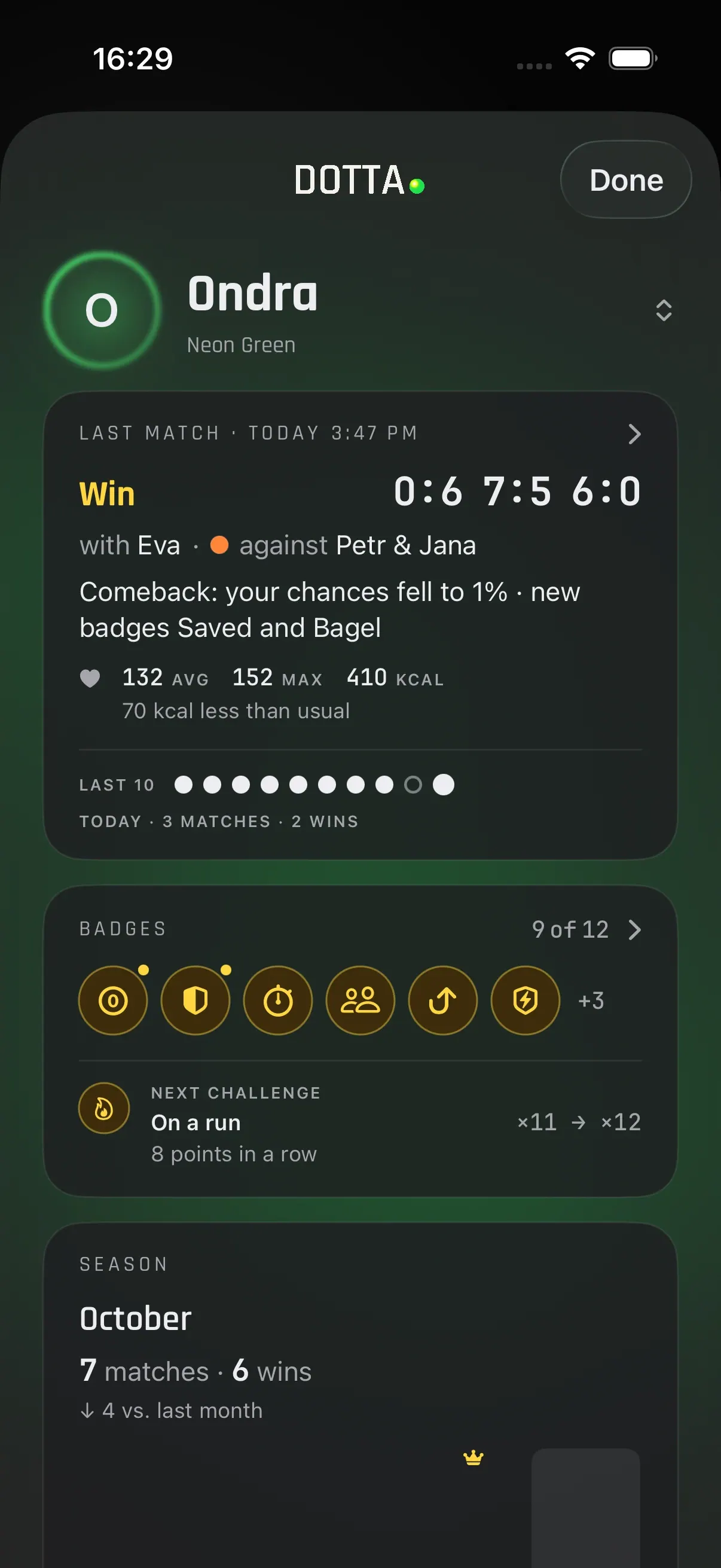 DOTTA app screenshot: the in-game health card (heart rate, calories, steps) in the profile