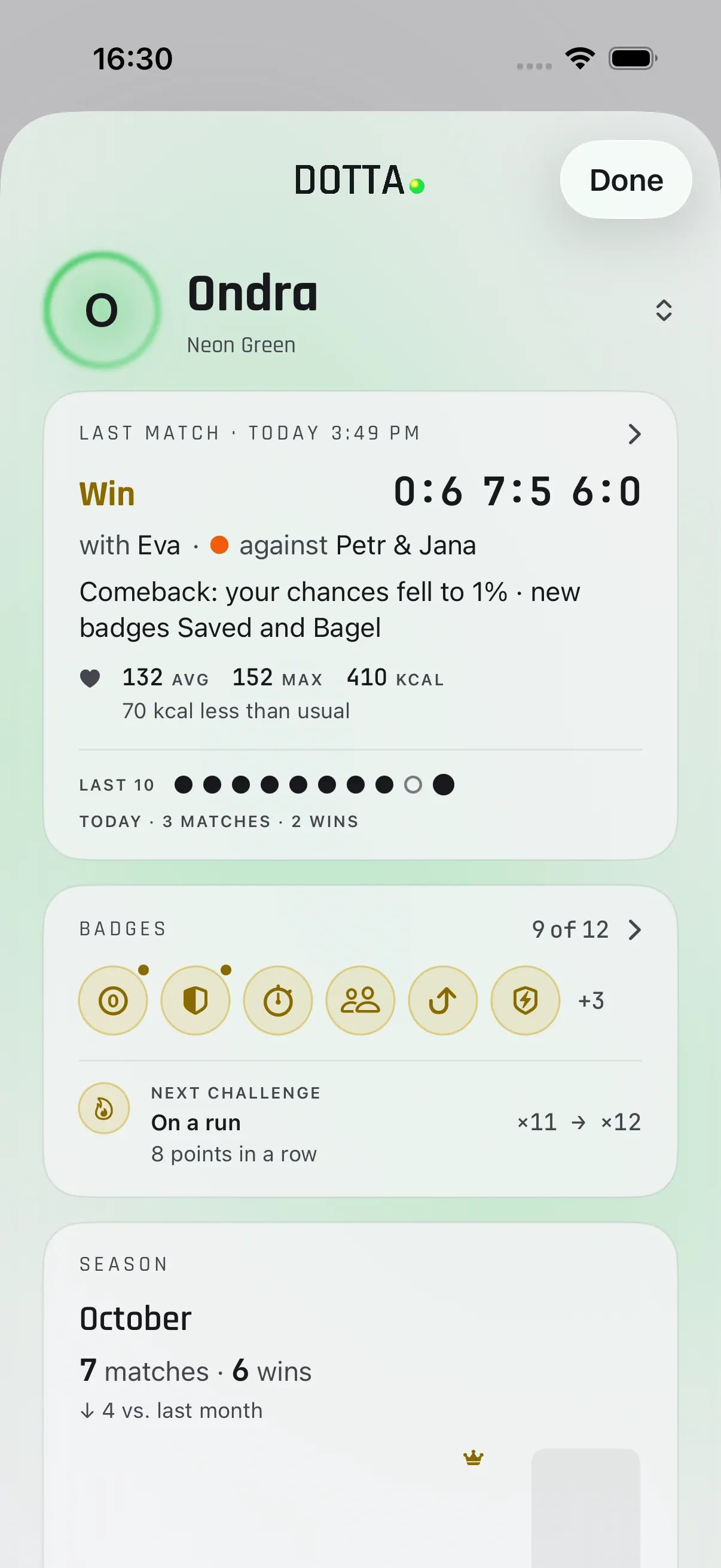 DOTTA app screenshot: the in-game health card (heart rate, calories, steps) in the profile